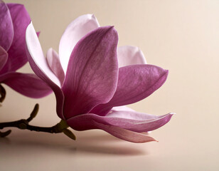 Fototapeta premium beautiful close-up photograph features two delicate purple magnolia flowers with soft, curving petals and prominent stamens. They are elegantly arranged on a dark branch against a serene light beige B