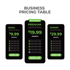 Dark Modern Pricing Table, Elegant dark theme pricing table for subscription packages

