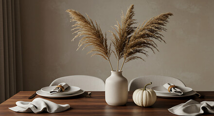 Autumnal Table Setting with Pampas Grass and Pumpkin