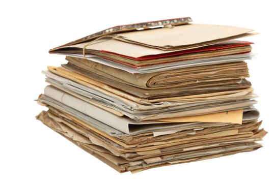 Stack of vintage papers and documents isolated on white background for office organization concept