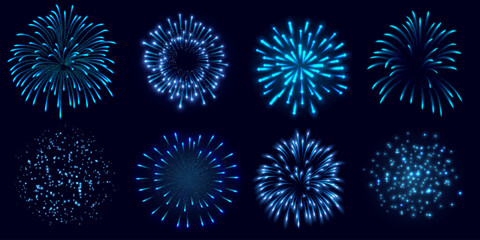 Fireworks salute with shining sparks, blue explosion festive firecracker burst, pyrotechnic rocket fire vector set