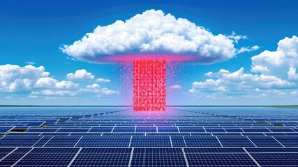 Renewable energy cloud transferring power into solar panels, symbolizing digital communication - Powered by Adobe