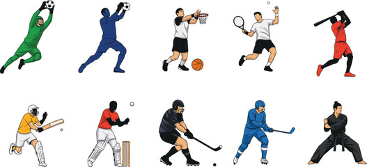 Sports players vector illustration set, football, cricket, basketball, tennis, hockey, martial arts, athletes, action pose collection
