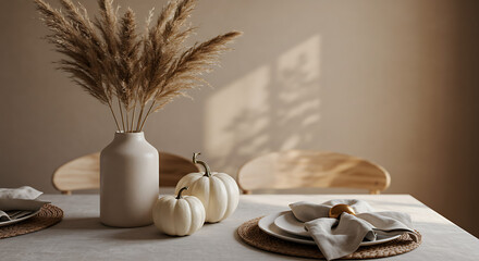 Autumnal Table Setting with Pumpkins and Pampas Grass in Soft Light
