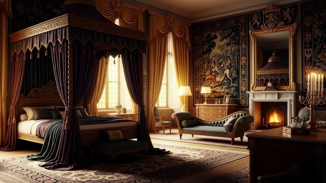 Opulent royal bedroom interior with ornate four poster bed and lit fireplace, classic renaissance castle architecture, footage.