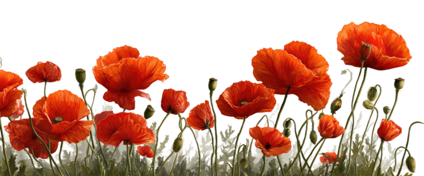 Vivid red poppies in a field against a dark background