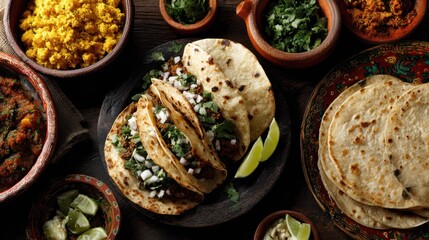 Overhead view of Mexican food tacos, tortillas, cilantro, and sides