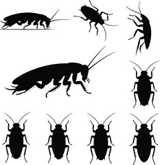 Cockroach Insect Black Silhouette Icon Vector Set Pest Control Cockroach Silhouette Design Symbol Collection