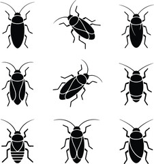 Cockroach Insect Black Silhouette Icon Vector Set Pest Control Cockroach Silhouette Design Symbol Collection