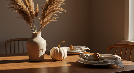 Autumnal Table Setting Warm Sunlight, Pampas Grass, and Pumpkins