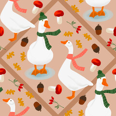 Seamless autumn pattern with geese in scarves and hats, surrounded by acorns, mushrooms, twigs, and leaves. Repeating Autumn background. Charming seasonal design for fabrics, kids products, and decor.