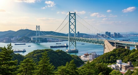 Stunning panorama of the Akashi Kaikyo Bridge linking Kobe to Awaji Island