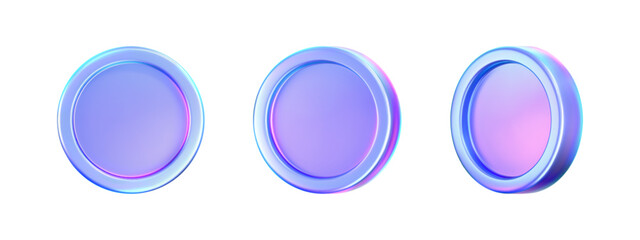 3D holographic coin icon with purple neon effect. Iridescent chrome coin render, game token, casino chip, digital currency or holo reward medal. 3D vector illustration