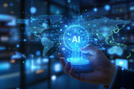 Human hand interacting with a glowing blue ai interface overlaying a digital world map