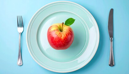 A whole red apple with a green leaf on a teal plate, silverware on a blue surface
