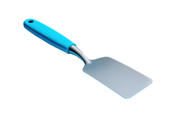 A stylized illustration of a spatula with a light-blue handle and a gray metal blade