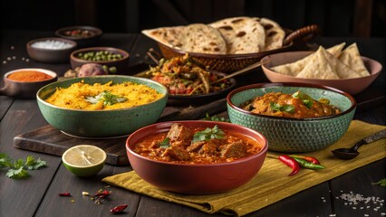Spicy Indian Food Still Life Composition of Curries, Naan and Rice, Indian Cuisine, Food Photography Indian food, Curry