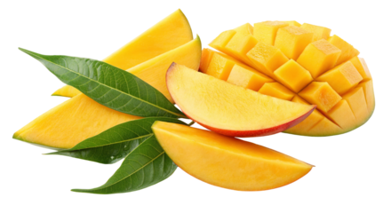 Fresh ripe mango slices and leaves isolated on white background for healthy summer tropical desserts
