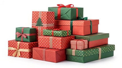 Stack of Christmas Gifts Red and Green Polka Dot and Striped Pattern, Festive Composition, Holiday Present Concept, Christmas Gift Packaging Christmas, Gift Wrap
