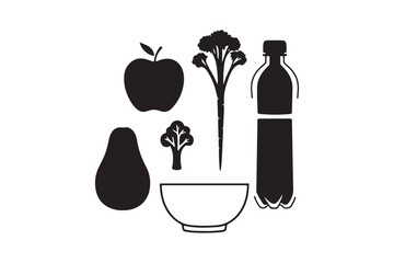 Silhouette of healthy food and drink items on white background