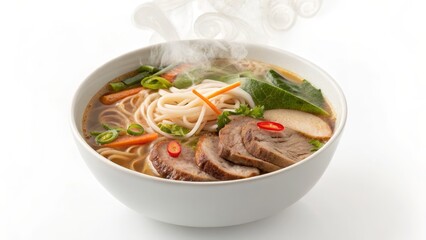 Steaming Bowl of Noodles, Meat and Vegetables High-Angle Close-up, Asian Cuisine, Food Photography Ramen, Asian Food