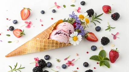 Strawberry Ice Cream Cone with Wildflowers, Berries and Mint, Flatlay Photography,Food Styling,Summer Dessert Ice cream, flatlay