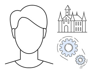 Minimal outline of a human face, a medieval castle with pointed towers, and two rotating gears. Ideal for creativity, teamwork, imagination, innovation, strategy history problem-solving. Simple