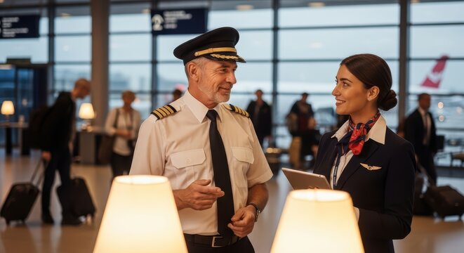 Airline crew discussion: mature caucasian male pilot and young female flight attendant at airport terminal