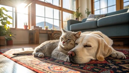 Sunlit Cat and Dog Napping on Rug Close-up Composition, Warm Tones, Inter-species Friendship, Pet Love Pet Photography, Animal Companionship
