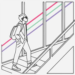 Young man with backpack climbing stairs with colorful stripes