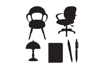 Office furniture and supplies silhouettes on white background