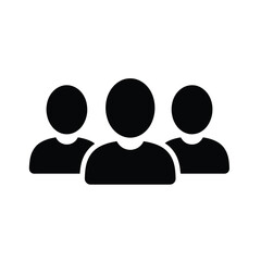 A black icon of three stylized human figures in a row on a white background