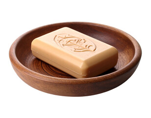 A solid, rectangular bar of handmade soap in a small, square clay dish, with a rustic and earthy texture.