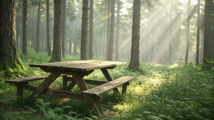 Sunlit Forest Picnic Table Wooden Table and Benches in Misty Woods, Photography, Nature, Landscape Nature Photography, Forest Scene