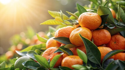Sunlit Mandarin Orchard Close-up Composition of Ripe Oranges with Lush Green Leaves, Citrus Fruit Harvest, Oranges in sunlight Keywords Mandarin, Citrus