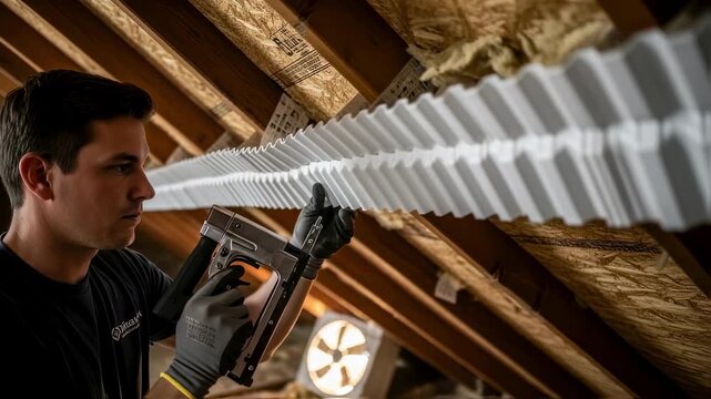 Professional installer wearing gloves meticulously positioning and stapling synthetic baffles in attic eaves for better ventilation.