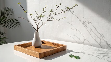 Sunlit Spring Branch in Ceramic Vase on Wooden Tray, Minimalist Still Life Photography, Nature, Home Decor Nature Photography, Minimalist Decor