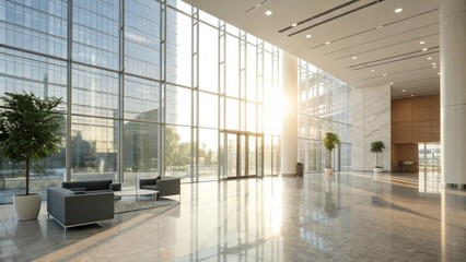 Sunlit Modern Lobby Wide-Angle Composition, Glass Walls, Marble Floor, Minimalist Design, Office Interior Office design, Modern Architecture
