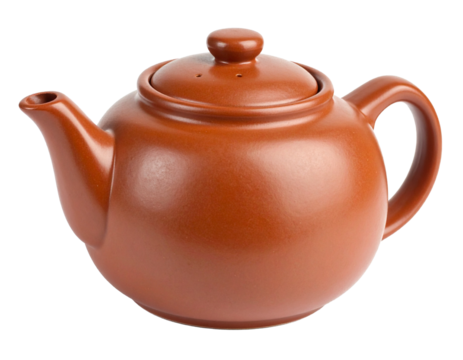 A classic clay teapot with a curved spout and handle, featuring a rustic and traditional design.