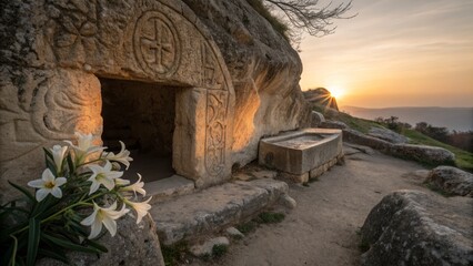 Sunrise at the Ancient Rock-Cut Tomb Carved Crosses, Easter Lilies, Compositional Landscape Photography, Tomb, Easter Keywords Rock-cut tomb, Easter