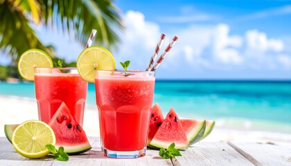 Refreshing red watermelon drinks with fruit slices & mint on a sunny white beach
