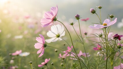 Sunrise Cosmos Soft Pink and White Blooms in Field, Shallow Depth of Field, Floral Photography Cosmos, Flowers, Nature