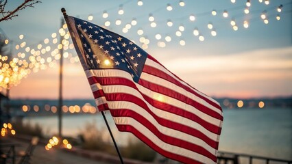 Sunset American Flag with String Lights,Patriotic, USA Flag Patriotic, Fourth of July