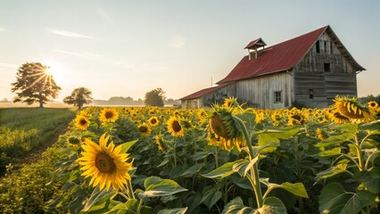 Sunrise Over Sunflower Field with Rustic Barn, Landscape Photography, Golden Hour, Rural Scene. Sunflower, Barn