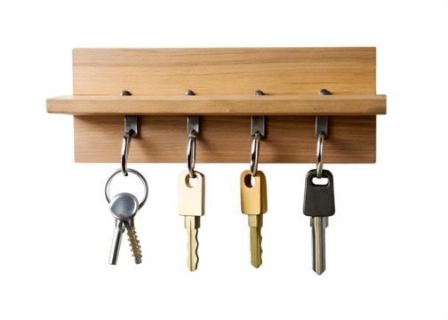Wooden key holder with four keys hanging on hooks isolated on transparent background