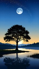 Fototapeta premium Silhouetted tree by lake at night, moonlit sky