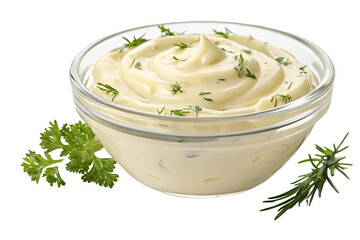Classic creamy mayonnaise in glass bowl garnished with fresh rosemary and dill served on a table