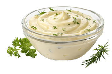 Classic creamy mayonnaise in glass bowl garnished with fresh rosemary and dill served on a table