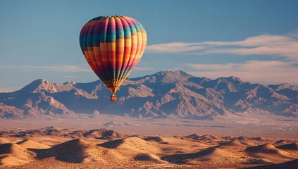 Obraz premium Colorful Hot Air Balloon Floating Above Desert Landscape with Smaller Balloon and Fog on Horizon