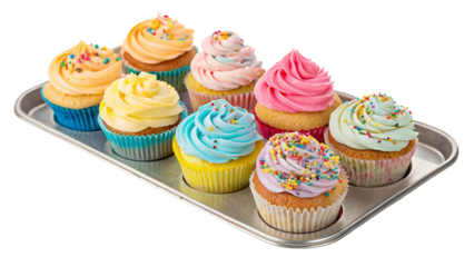 Colorful cupcakes with sprinkles displayed on a tray for birthday celebrations and sweet treats